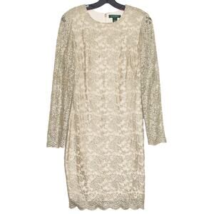 Lauren Ralph Lauren Dress Floral Lace Cocktail Formal Party Holiday Metallic 8